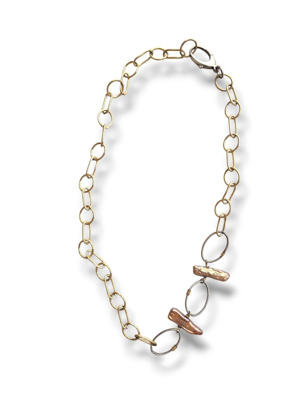 Gold-Link + Sterling Loop Accent Necklace with Sand Pearl Accents